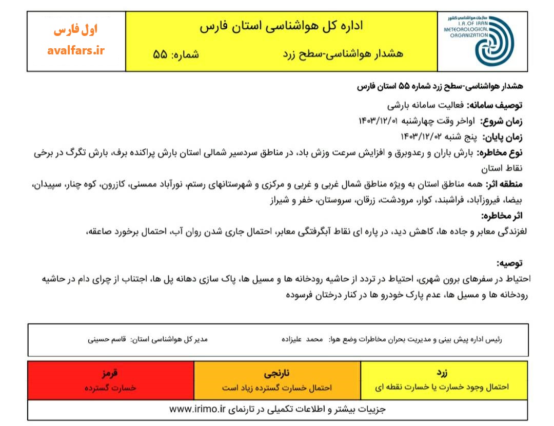 سامانه جدید بارشی از روز چهارشنبه وارد استان فارس می‌شود