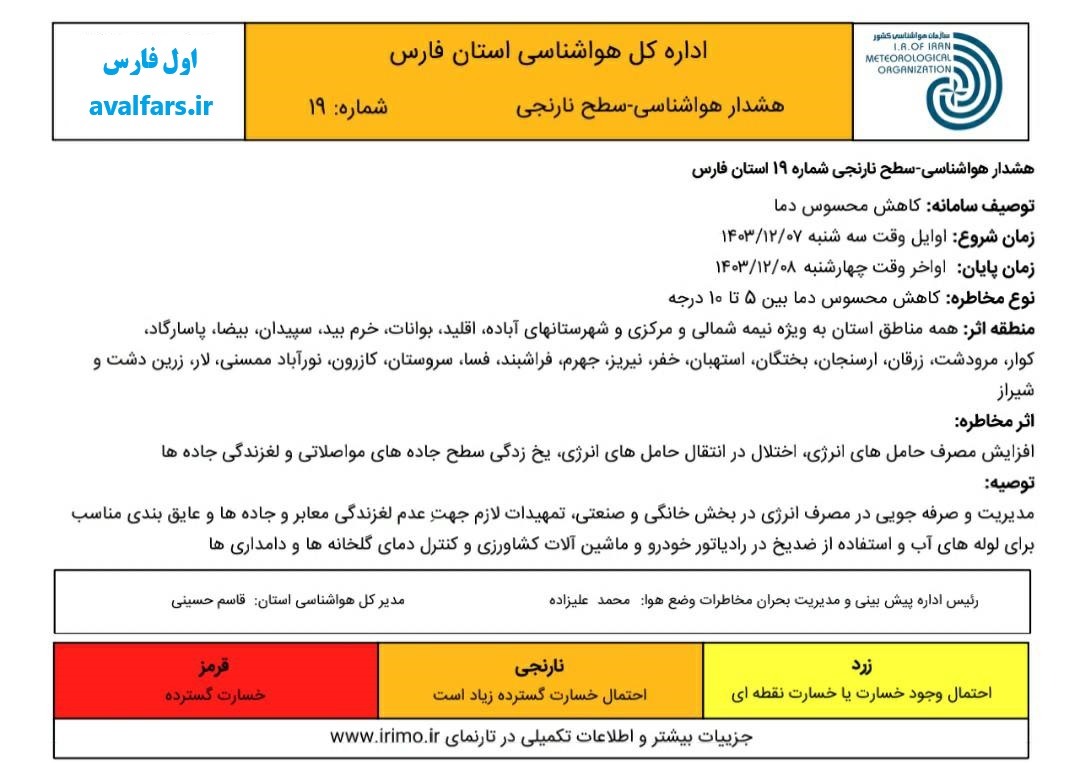 هواشناسی فارس هشدار نارنجی داد: کاهش ۵ تا ۱۰ درجه‌ای دما در استان
