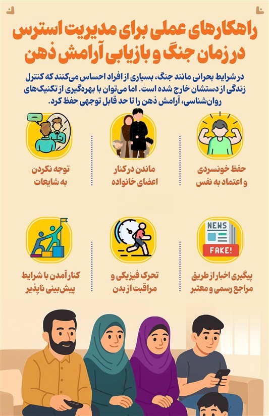 اینفوگرافیک: چند راهکار عملی برای مدیریت استرس در زمان جنگ و بازیابی آرامش ذهن