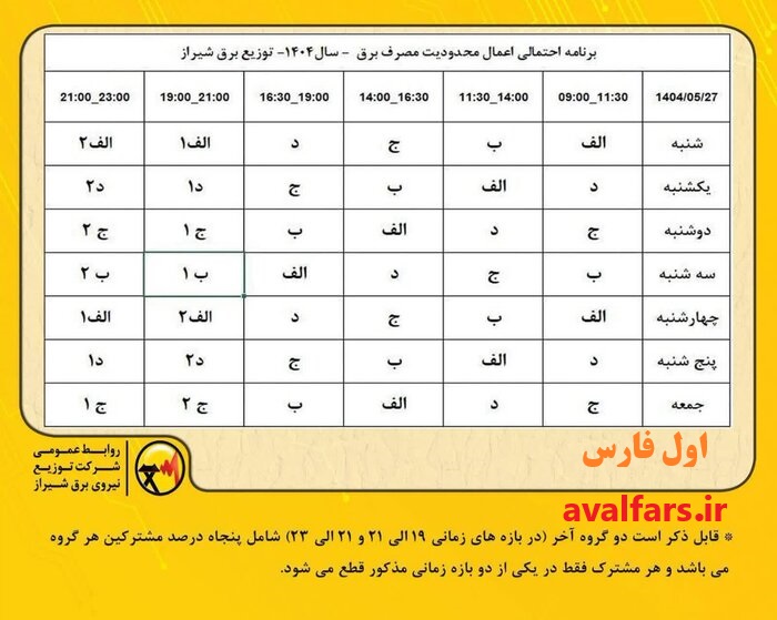 جدول قطع برق شیراز