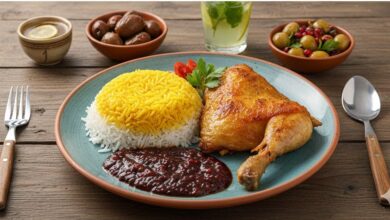 راز پخت اکبرجوجه گلوگاهی با کته دودی و سس مخصوص