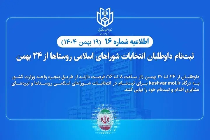 آغاز ثبت‌نام داوطلبان انتخابات شوراهای اسلامی روستایی و عشایری از ۲۴ بهمن/اطلاعیه ستاد انتخابات کشور