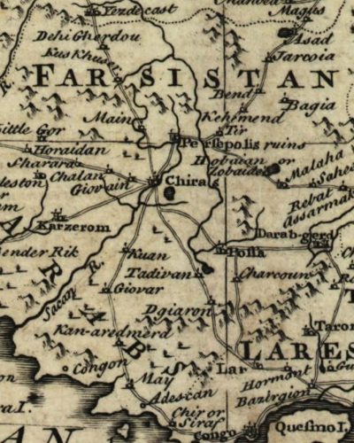 نقشه محدوده فارس در قسمتی از نقشه ایران در دوره افشاریه. در این نقشه واژه فارسستان (Farsistan) برای این سرزمین گفته شده‌است.