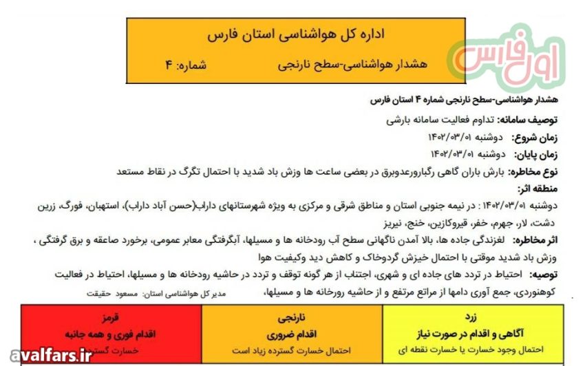 وضعیت جدید آب و هوای استان فارس 1