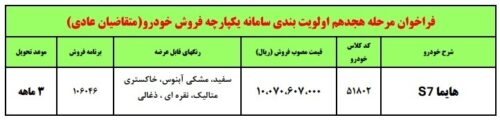 جدول فروش به شرح زیر است ایران خودرو از عرضه خودرو هایماS7 ویژه سامانه یکپارچه خبر داد