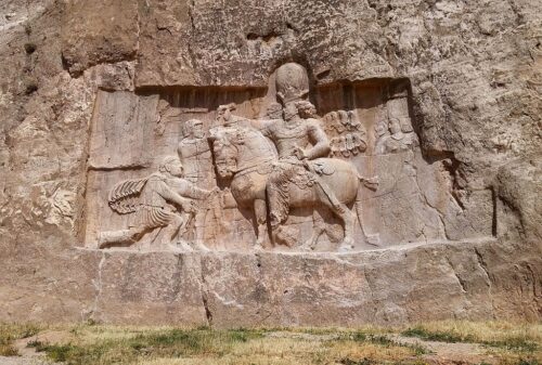 A rock face relief of Shapur I over the Roman Emperor Valerian