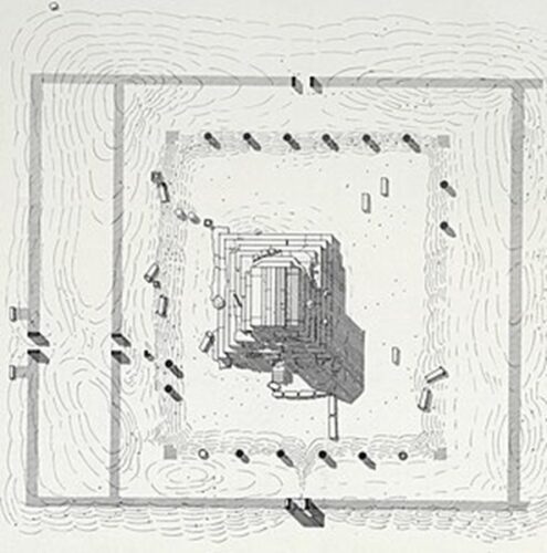 طرح محوطه آرامگاه کورش بزرگ اثر ارنست هرتسفلد یا دستیارش که احتمالاً در سال ۱۹۰۵ میلادی کشیده‌است. ستونها و دیوارهای آرامگاه دیده می‌شود.